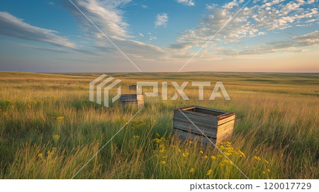 Expansive Prairie Apiary at Sunset with Bee Boxes and Wildflowers 120017729