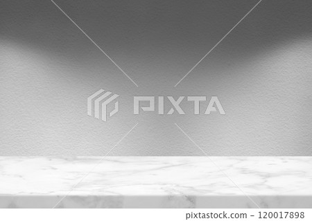 Marble Table with White Stucco Wall Texture Background with Spotlight from Both side 120017898
