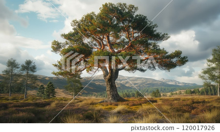 Majestic Scots Pine Tree in Scottish Highlands during Summer, Tree in Scenic Landscape, Nature, Outdoors, High Resolution 120017926