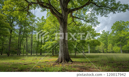 Majestic Tulip Poplar Tree in a Lush Green Forest with Wildflowers Underneath Majestic Tulip Poplar Tree in a Lush Green Forest with Wildflowers Underneath 120017942