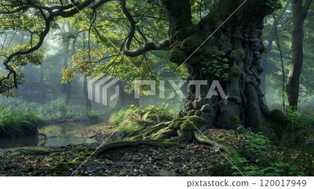 Ancient Tree in Mystical Forest, Early Morning Light, Nature Photography, Suitable for Prints and Posters 120017949