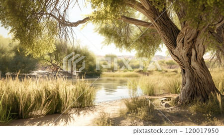 Serene Riverside Scene with Ancient Tamarisk Tree in Desert Oasis, Perfect for Nature Posters and Landscape Designs 120017950