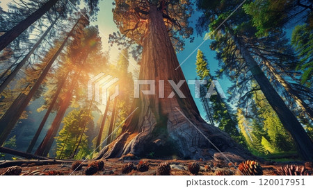 Majestic Sequoia Tree in Sunlit Forest National Park Scene for Posters or Nature Prints 120017951