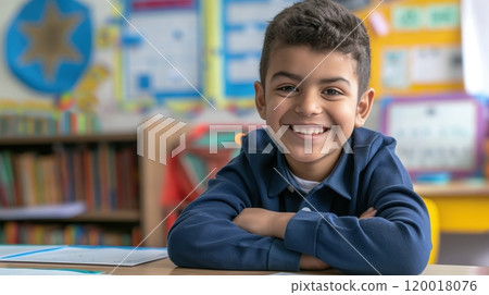 Smiling Young Arab Schoolboy in Classroom, Education Concept, Suitable for Posters, Educational Materials 120018076
