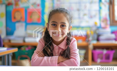 Smiling Arab Schoolgirl in Classroom Setting, Promoting Education, Diversity, and Future Generations Smiling Arab Schoolgirl in Classroom Setting, Promoting Education, Diversity, and Future Generations 120018101