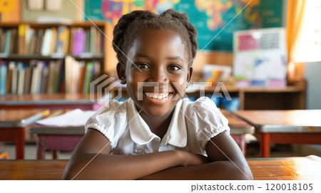 Elementary School Aged African Girl Smiling Warmly in Classroom with Bookshelves and World Map, Symbolizing Education and Happiness 120018105