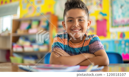 Smiling Hispanic Elementary School Student in a Colorful Classroom, Ideal for Back-to-School Posters, Ads, and Educational Campaigns Smiling Hispanic Elementary School Student in a Colorful Classroom, Ideal for Back-to-School Posters, Ads, and Educational Campaigns 120018107
