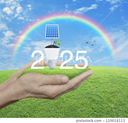 Happy new year 2025 green ecology and saving energy concept Happy new year 2025 green ecology and saving energy concept 120018113