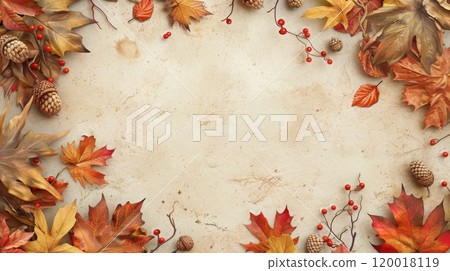 Autumn-Themed Frame with Colorful Leaves and Acorns for Seasonal Designs and Decorations Autumn-Themed Frame with Colorful Leaves and Acorns for Seasonal Designs and Decorations 120018119