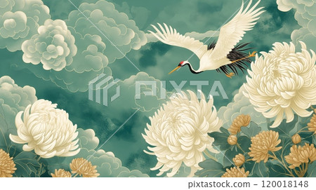 Japanese Inspired Art with Flying Crane and Chrysanthemums, Ideal for Poster, Print or Card Design 120018148