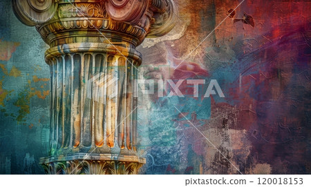 Ancient Greek Corinthian Column with Colorful Grunge Texture, Suitable for Abstract Art, Background, Print, and Design Projects 120018153