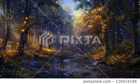 Enchanted Forest at Dusk with Glowing Fireflies for Game Design, Poster, or Print 120018198