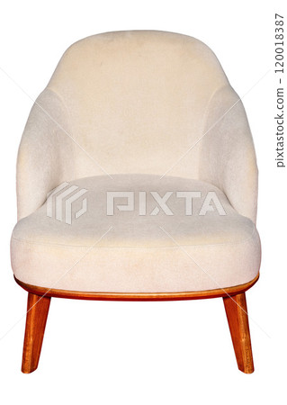 Modern minimalist chair in soft cream hue placed elegantly in a cozy living room corner, isolated on white background. 120018387