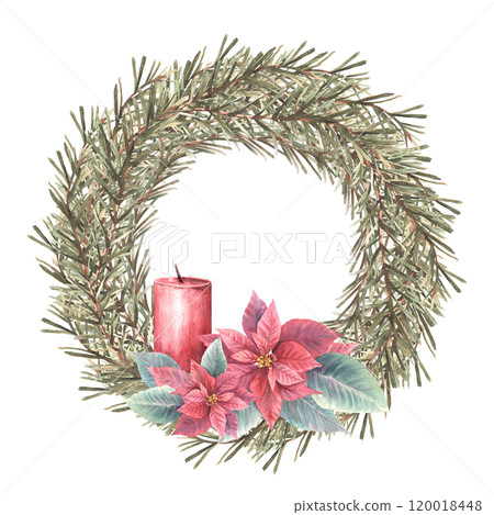 Christmas spruce branches evergreen advent wreath with red poinsettia flowers and flameless candle. Watercolor hand drawn illustration Circle advent template for festive card Isolated from background. Christmas spruce branches evergreen advent wreath with red poinsettia flowers and flameless candle. Watercolor hand drawn illustration Circle advent template for festive card Isolated from background. 120018448