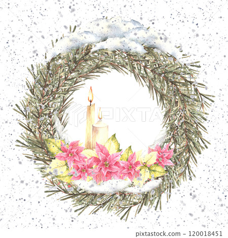 Snowy Christmas spruce branches evergreen advent wreath. Pink yellow poinsettia flowers and burning white candle on watercolor snow splashes stains background. Hand drawn illustration Isolated Snowy Christmas spruce branches evergreen advent wreath. Pink yellow poinsettia flowers and burning white candle on watercolor snow splashes stains background. Hand drawn illustration Isolated 120018451