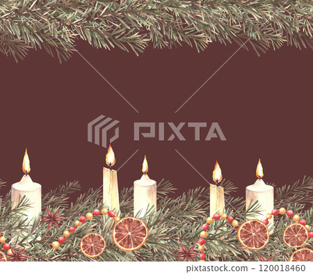 Christmas spruce boughs decorated with burning candles and vintage red golden garland, dried fruit and spices. Watercolor seamless banner, border. Hand drawn illustration Isolated from dark background Christmas spruce boughs decorated with burning candles and vintage red golden garland, dried fruit and spices. Watercolor seamless banner, border. Hand drawn illustration Isolated from dark background 120018460