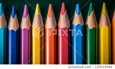 Close-up of colored pencils in a straight line against a background. 120018496