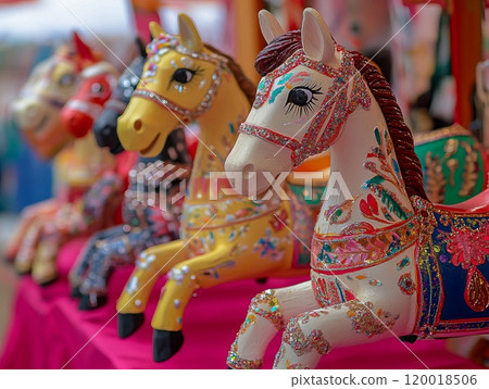 Colorful, decorated carousel horses in close-up at a fair. Colorful, decorated carousel horses in close-up at a fair. 120018506