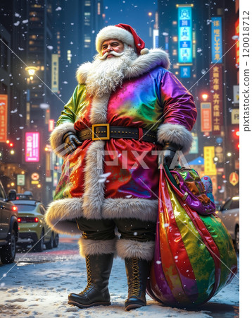 A man dressed as Santa Claus standing in the middle of a city street 120018712