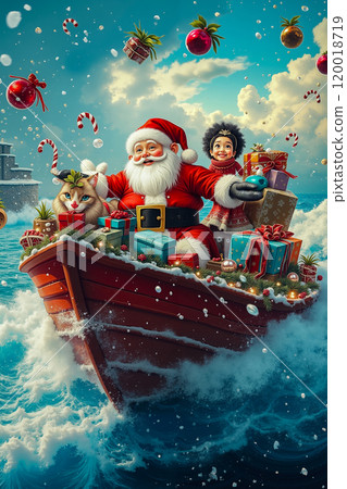 A santa claus is riding in a boat filled with presents 120018719