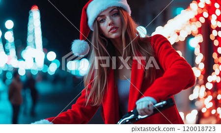 A woman in a red coat and santa hat riding a bike 120018723