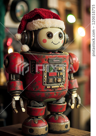 A red robot wearing a santa hat sitting on top of a table 120018755
