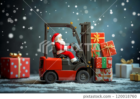 A toy santa claus driving a forklift truck with presents on it 120018760