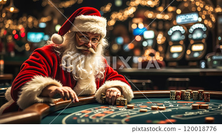 A man dressed as Santa Claus playing blackjack in a casino A man dressed as Santa Claus playing blackjack in a casino 120018776