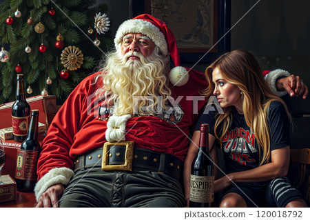 A woman sitting next to a man dressed as Santa Claus A woman sitting next to a man dressed as Santa Claus 120018792