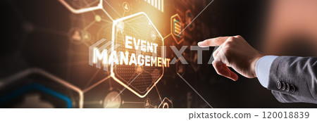 Businessman pressing on virtual screen and selecting Event Management 120018839