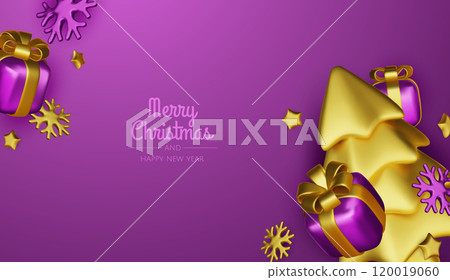 Merry christmas greeting card vector poster. Christmas elegant invitation template with xmas balls, xmas tree and snowflakes. Vector illustration holiday season greeting Merry christmas greeting card vector poster. Christmas elegant invitation template with xmas balls, xmas tree and snowflakes. Vector illustration holiday season greeting 120019060