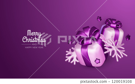 Merry christmas greeting card vector poster. Christmas elegant invitation template with xmas balls, xmas tree and snowflakes. Vector illustration holiday season greeting 120019108