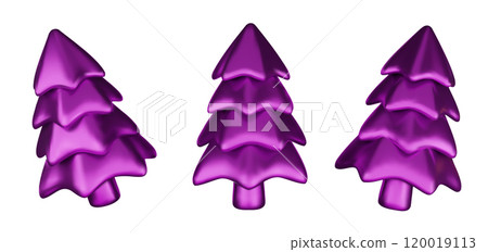 Set 3d violet Christmas tree . Glossy New year and xmas abstract tree shapes. 120019113