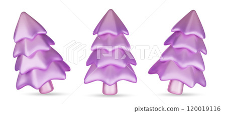 Set 3d violet Christmas tree . Glossy New year and xmas abstract tree shapes. Set 3d violet Christmas tree . Glossy New year and xmas abstract tree shapes. 120019116