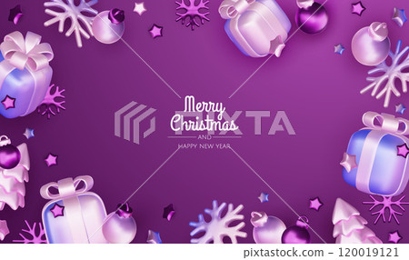 Merry christmas greeting card vector poster. Christmas elegant invitation template with xmas balls, xmas tree and snowflakes. Vector illustration holiday season greeting Merry christmas greeting card vector poster. Christmas elegant invitation template with xmas balls, xmas tree and snowflakes. Vector illustration holiday season greeting 120019121