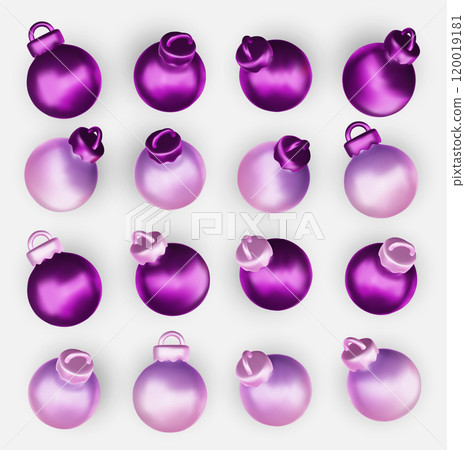 Christmas balls purple vector set design. Christmas red and gold ball ornament. Vector illustration 3d realistic bauble Christmas balls purple vector set design. Christmas red and gold ball ornament. Vector illustration 3d realistic bauble 120019181