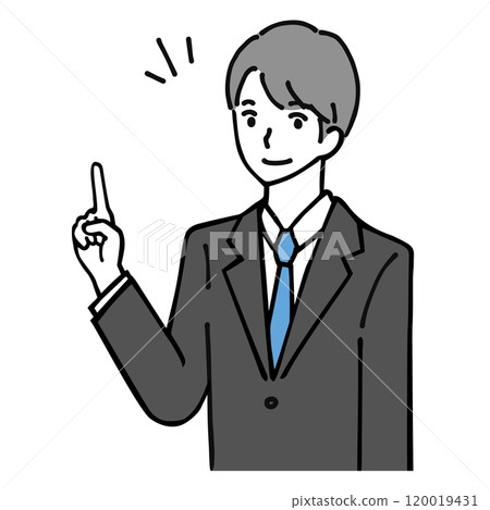 Line drawing illustration of a young businessman pointing 120019431