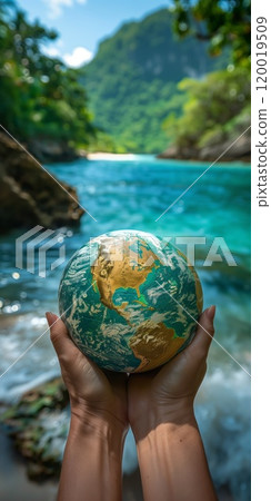 Globe in a person's hands against the backdrop of a mountain river Globe in a person's hands against the backdrop of a mountain river 120019509