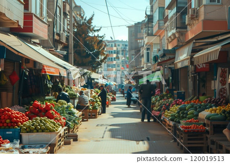 Bustling city street with market stalls displaying fresh vegetables and fruits Bustling city street with market stalls displaying fresh vegetables and fruits 120019513