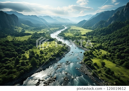 Top view of big mountain river and green mountains. Top view of big mountain river and green mountains. 120019612