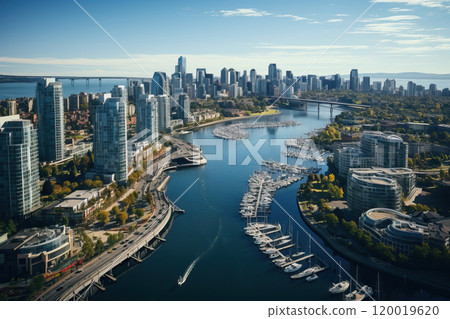 A bird's-eye view of modern urban waterfronts and small moorings for yachts and boats. 120019620