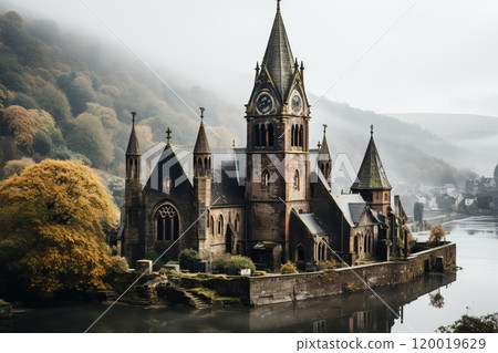 Majestic ancient architectural castle in gloomy weather during autumn. Majestic ancient architectural castle in gloomy weather during autumn. 120019629