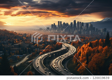 Streets with a lot of cars in a big metropolis with skyscrapers in autumn. 120019639