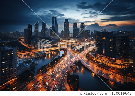 City. Top view of the traffic of cars as they move through large junctions in a huge metropolis city with skyscrapers. 120019642