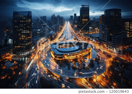 City. Top view of the traffic of cars as they move through large junctions in a huge metropolis city with skyscrapers. 120019643