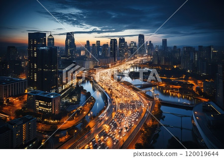 City. Top view of the traffic of cars as they move through large junctions in a huge metropolis city with skyscrapers. 120019644