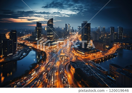 City. Top view of the traffic of cars as they move through large junctions in a huge metropolis city with skyscrapers. 120019646