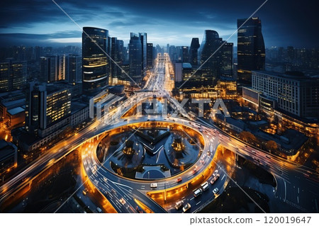 City. Top view of the traffic of cars as they move through large junctions in a huge metropolis city with skyscrapers. 120019647