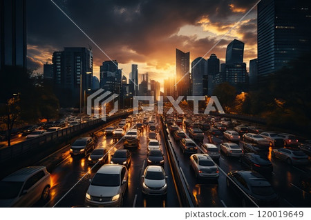 Streets with a lot of cars in a big metropolis with skyscrapers in autumn. 120019649
