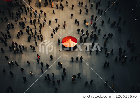Aerial. People crowd motion through the pedestrian crosswalk. Top view. 120019650